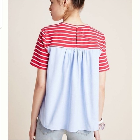 Anthropologie Elis Peplum Top Red and Light Blue Striped Short Sleeve Top - Picture 6 of 6